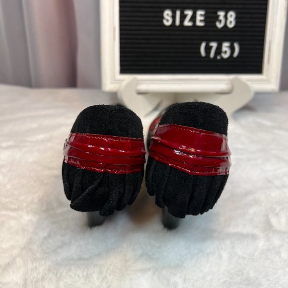 CHANII B Black Leather w Red Leopard Ruffle & Trim w Red Trim on Heels-38 - Picture 10 of 16